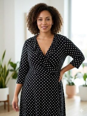 Chaps Black and White Polka Dot Ruffle Wrap-Style Dress